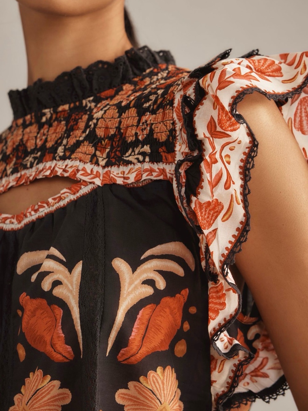 FARM Rio Black Floral Smocked Ruffle Sleeve Top with Orange Accents - Picture 3 of 16